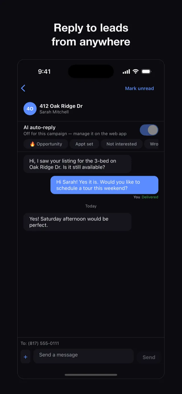 Volume Reach mobile app — replying to a lead's text thread